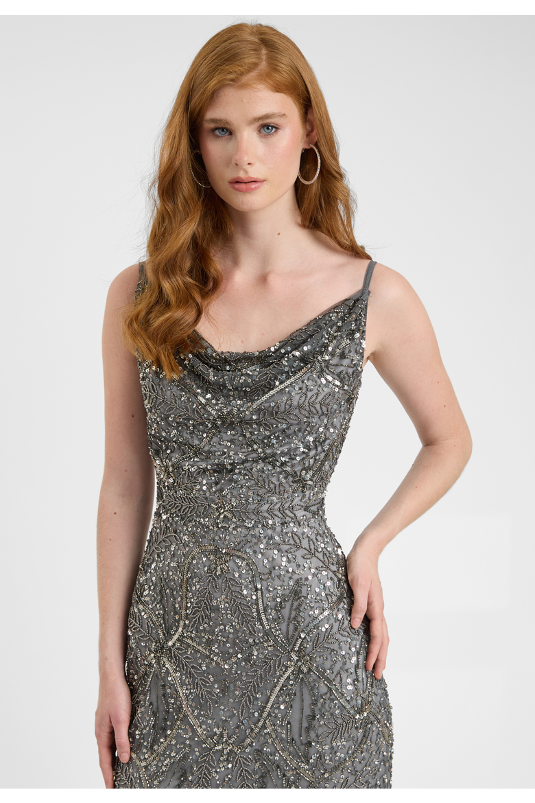 Embellished Sequin Beaded Maxi Dress With Cowl Neck, Alternate, color, CHARCOAL