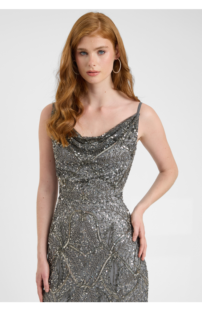 BEAUUT Embellished Sequin Beaded Maxi Dress With Cowl Neck, Alternate, color, Charcoal