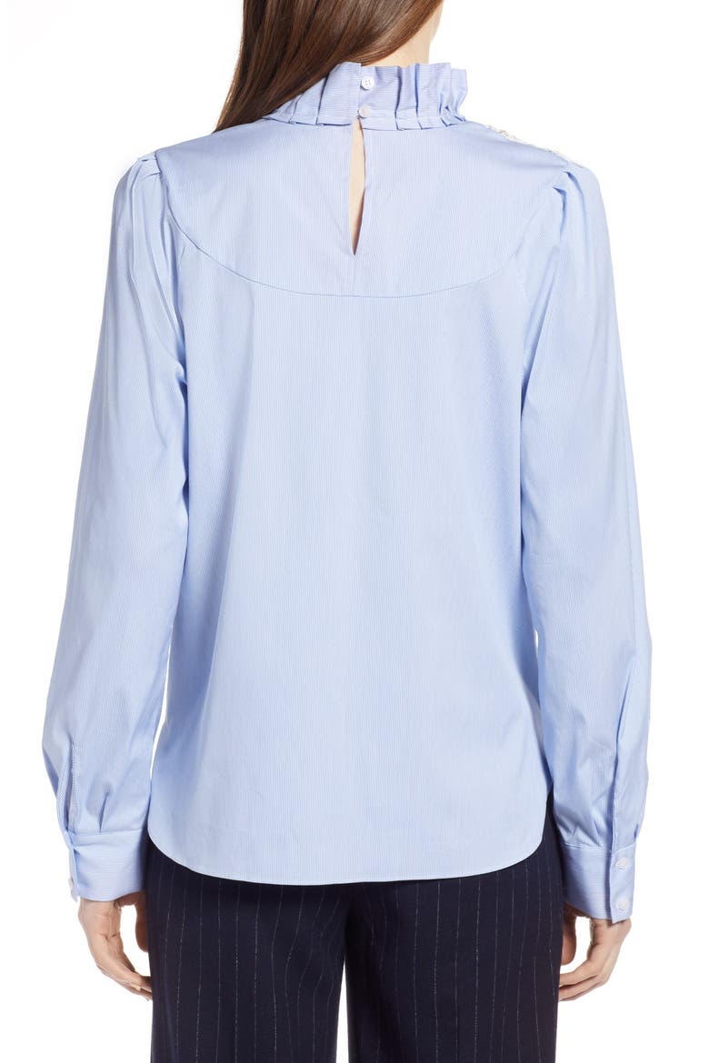 Lace Yoke Poplin Pinstripe Blouse, Alternate, color, WHITE- BLUE MICRO STRIPE