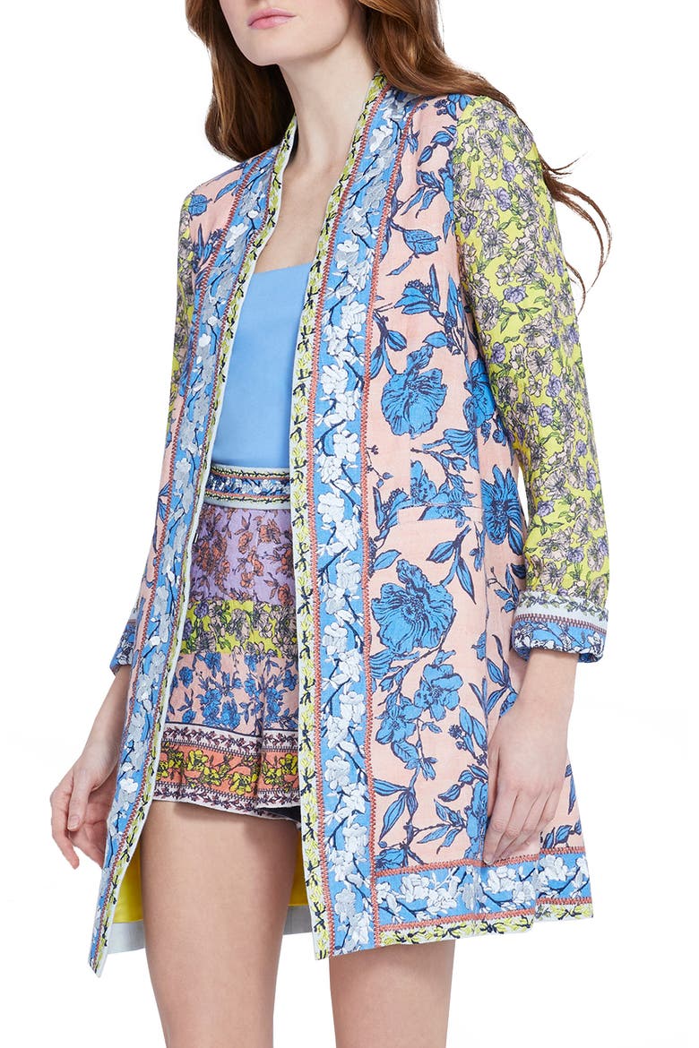 Simpson Embroidered Border Linen Blend Long Blazer, Main, color, DITSY BORDER