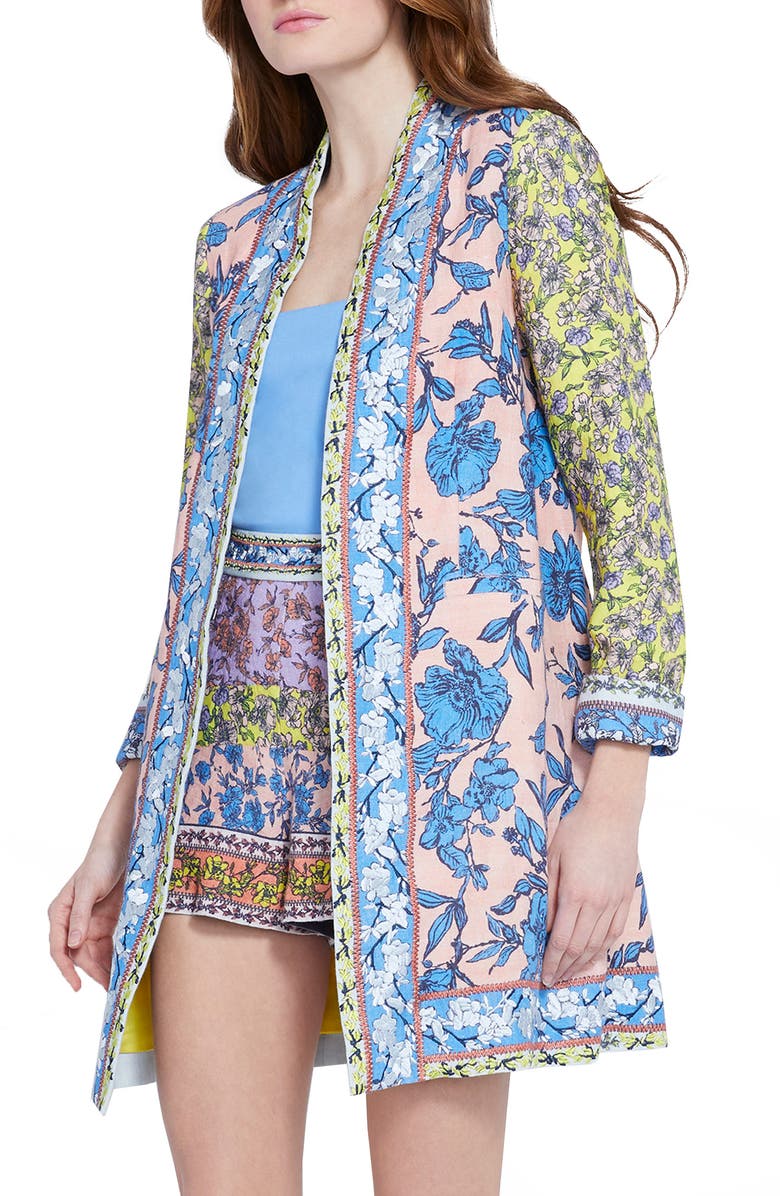 Alice + Olivia Simpson Embroidered Border Linen Blend Long Blazer, Main, color,