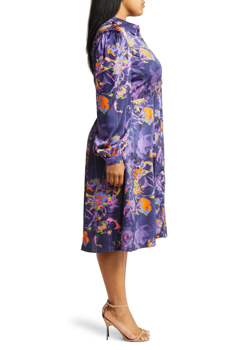 Neon Floral Long Sleeve Satin Shirtdress, Alternate, color, NAVY