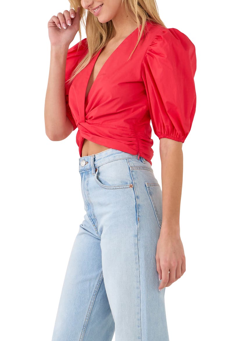 Puff Sleeve Crop Top, Alternate, color, RED