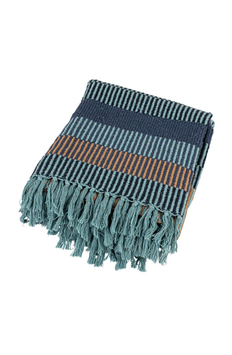 Storied Home Striped Cotton Blend Throw with Fringe, Blue and Cream, Main, color, Blue