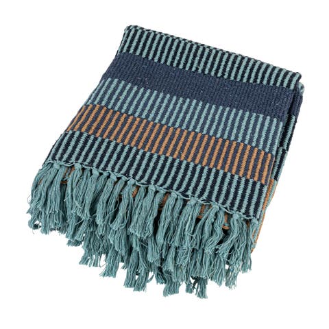 Striped Cotton Blend Throw with Fringe, Blue and Cream