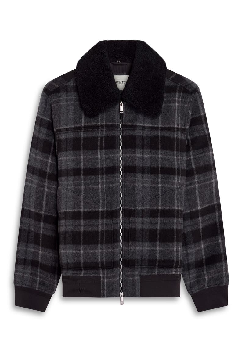 Plaid Wool Blend Blouson Jacket with Faux Shearling Collar, Alternate, color, BLACK