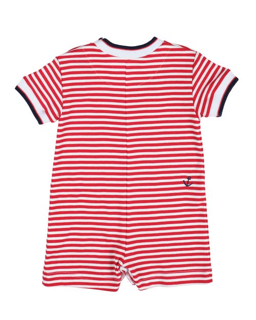 Florence Eiseman Stripe Knit Shortall With Nautical Embroidery In Red/white