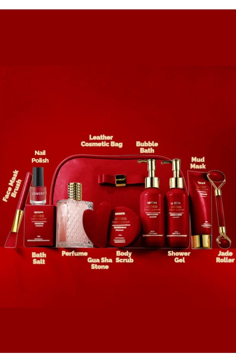 Lovery Luxury Japanese Cherry Blossom Bath and Body Beauty Kit with Leather Bag, Alternate, color, Red, Gold