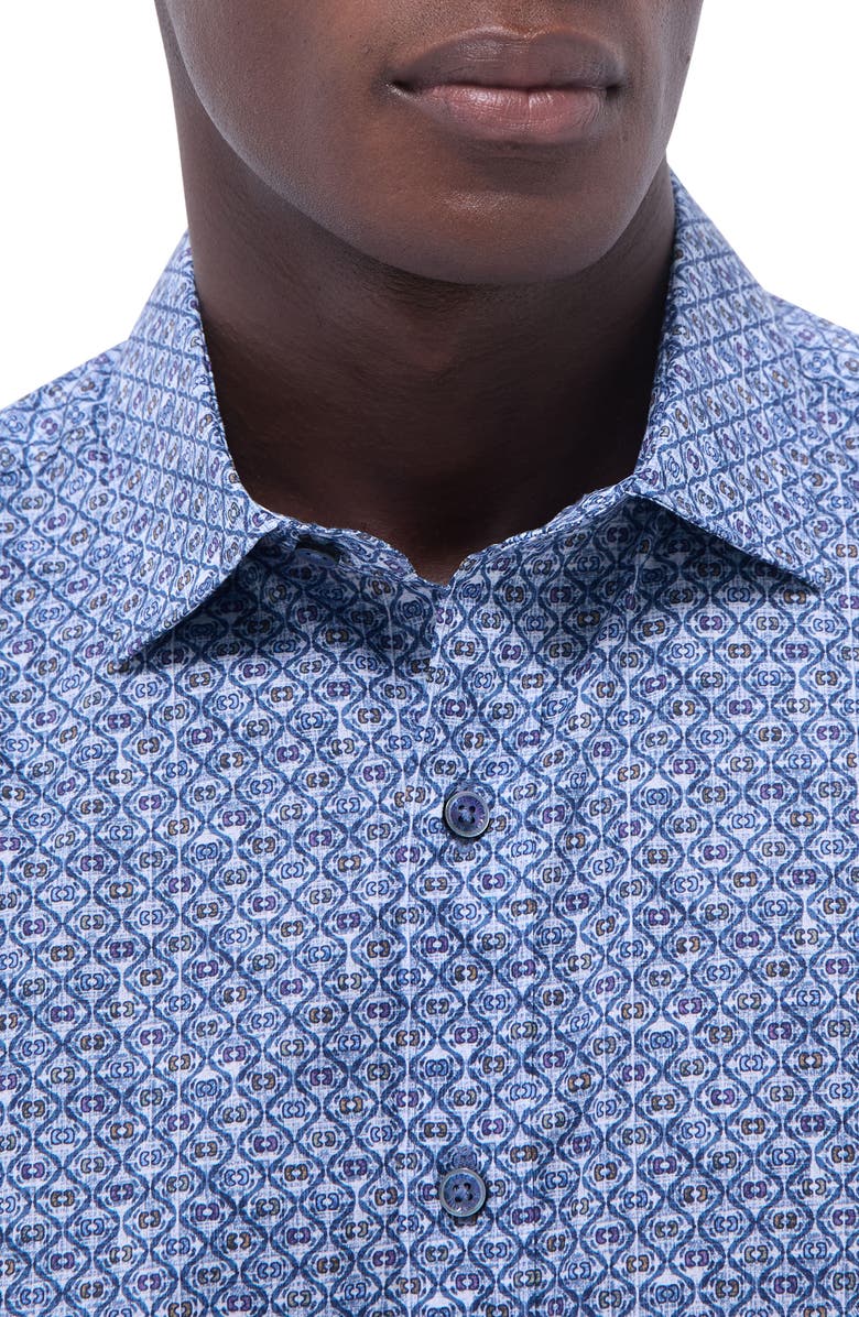 Bugatchi Axel Ogee Print Shaped Fit Stretch Cotton Button-Up Shirt, Alternate, color, Steel
