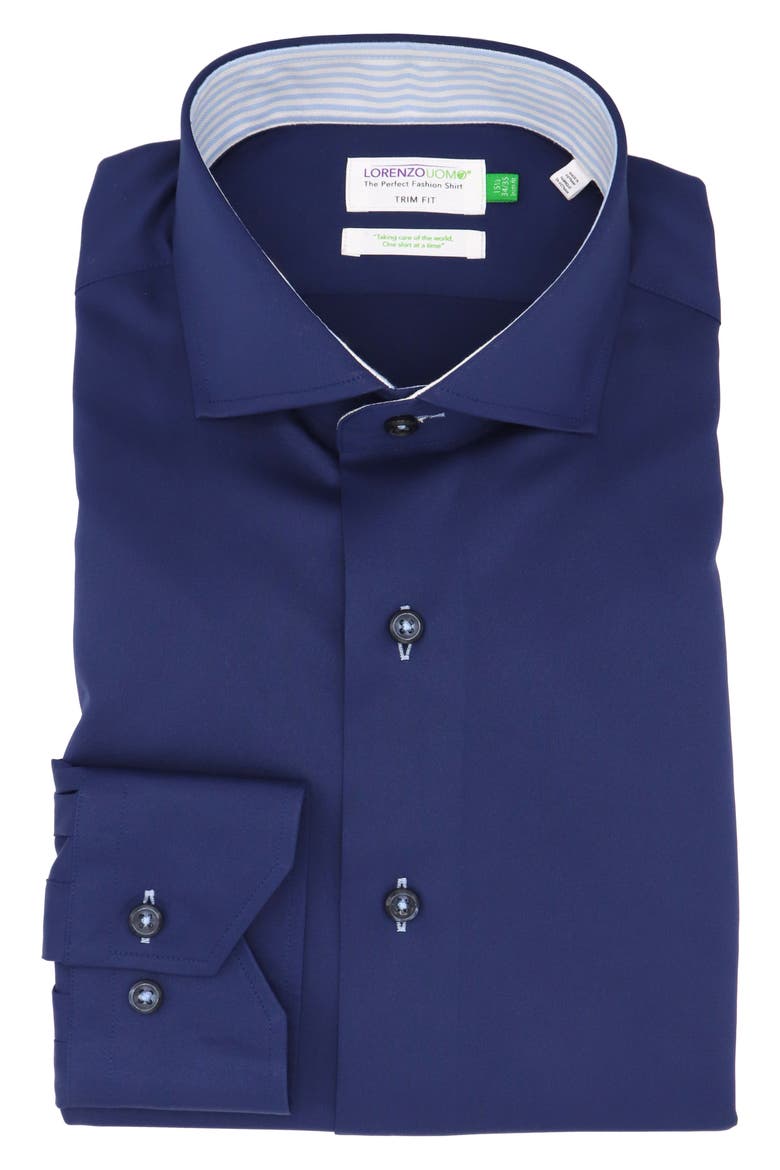 Solid Trim Fit Dress Shirt, Main, color, NAVY