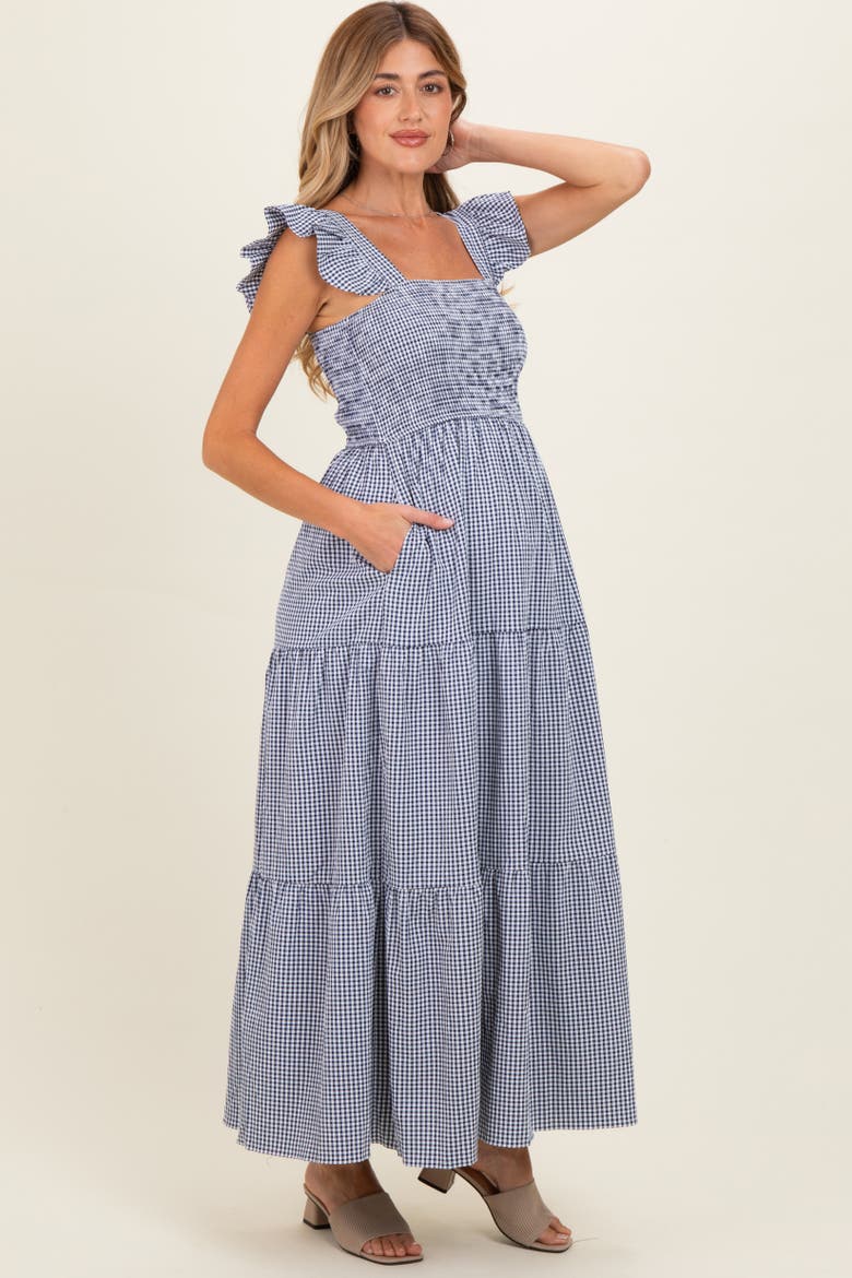 Gingham Ruffle Strap Smocked Maxi Dress, Alternate, color, Navy Blue