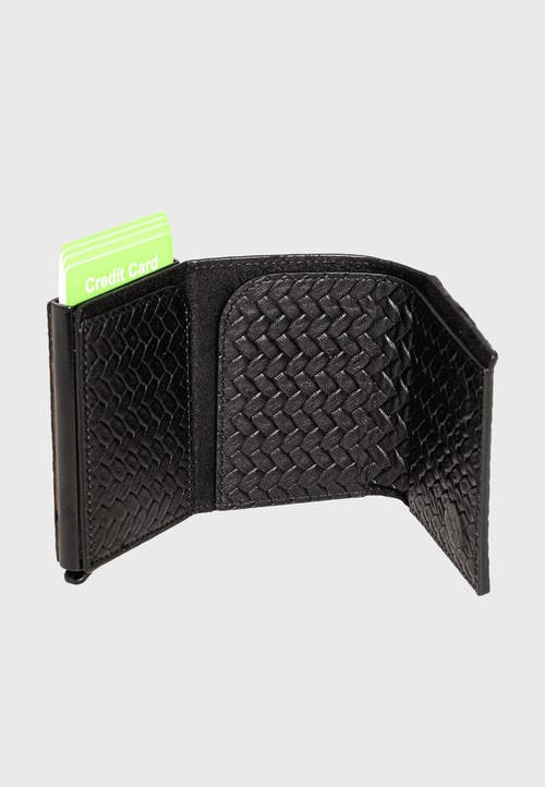 Furniq Uk Genuine Leather Weave Pattern Trifold Card Holder In Black