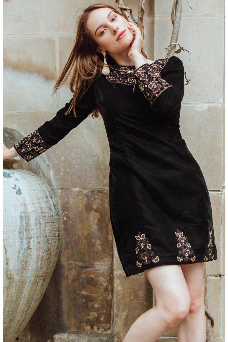 Arial Velvet Mini Dress Embroidered, Alternate, color, Black