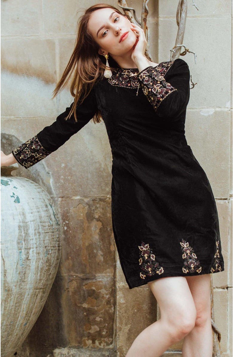 RAAS Arial Velvet Mini Dress Embroidered, Alternate, color, Black
