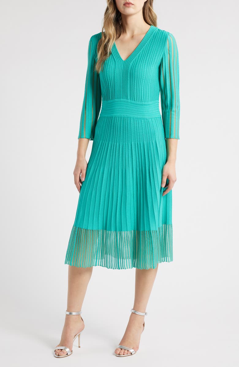 Ming Wang Ribbed Fit & Flare Midi Sweater Dress, Main, color, Emerald Awe