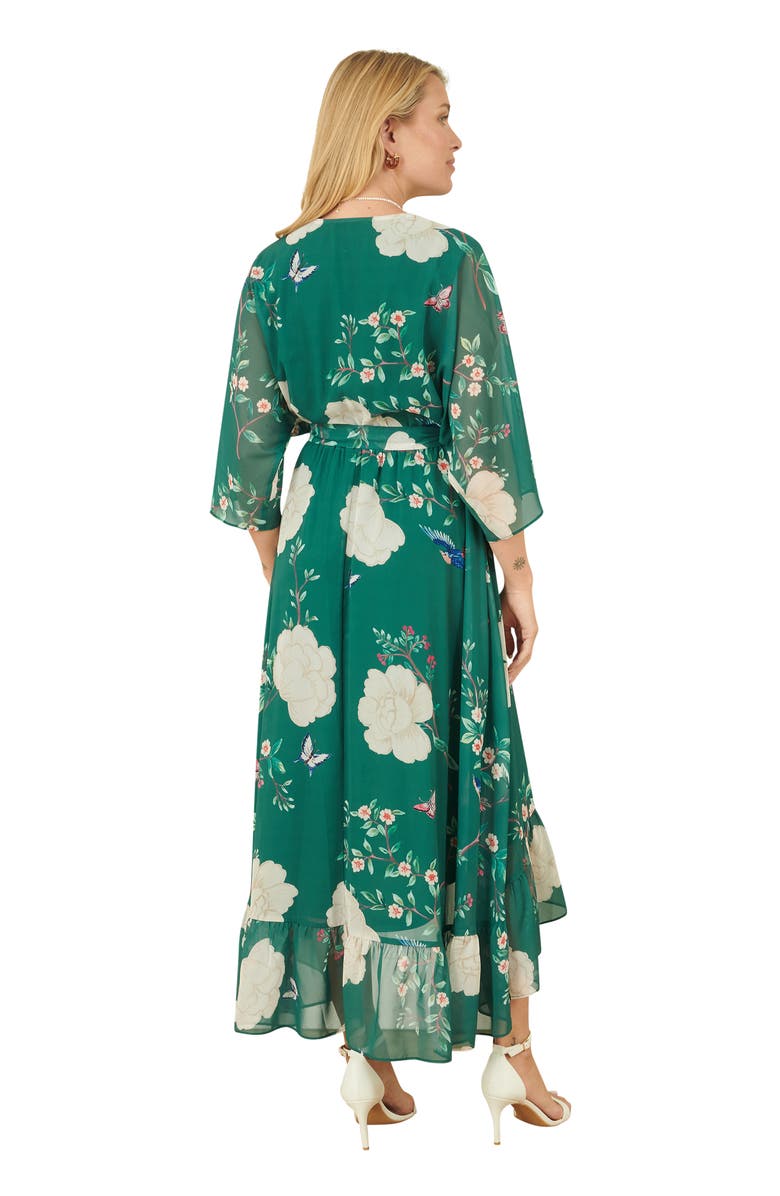 Yumi Bird And Floral Print Midi Wrap Dress, Alternate, color, Green