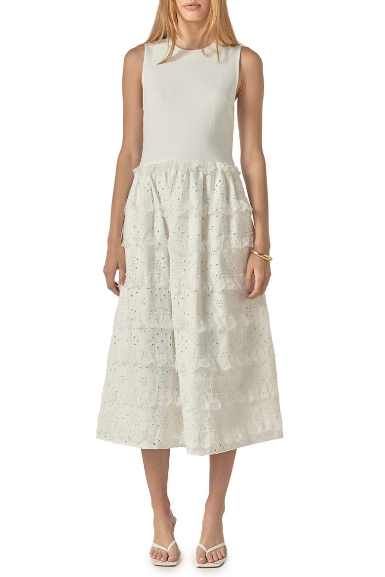 Ruffle & Eyelet Mixed Media Sleeveless Midi Dress, Main, color, WHITE