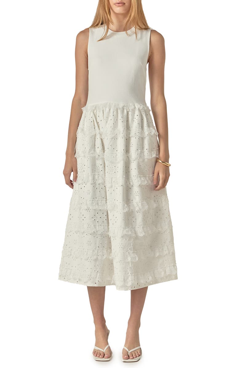 English Factory Ruffle & Eyelet Mixed Media Sleeveless Midi Dress, Main, color, 