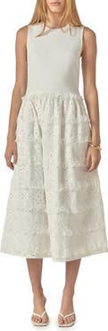 English Factory Ruffle & Eyelet Mixed Media Sleeveless Midi Dress