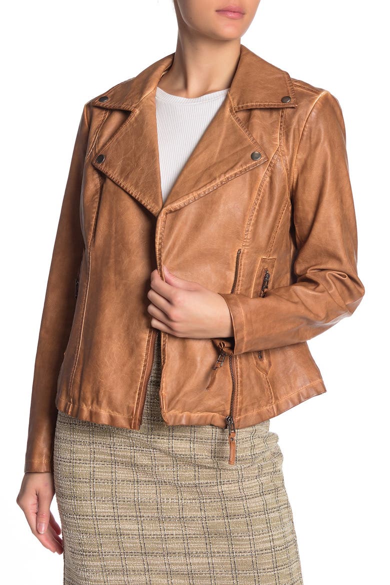 MAXSTUDIO Washed Faux Leather Moto Jacket, Main, color, COGNAC
