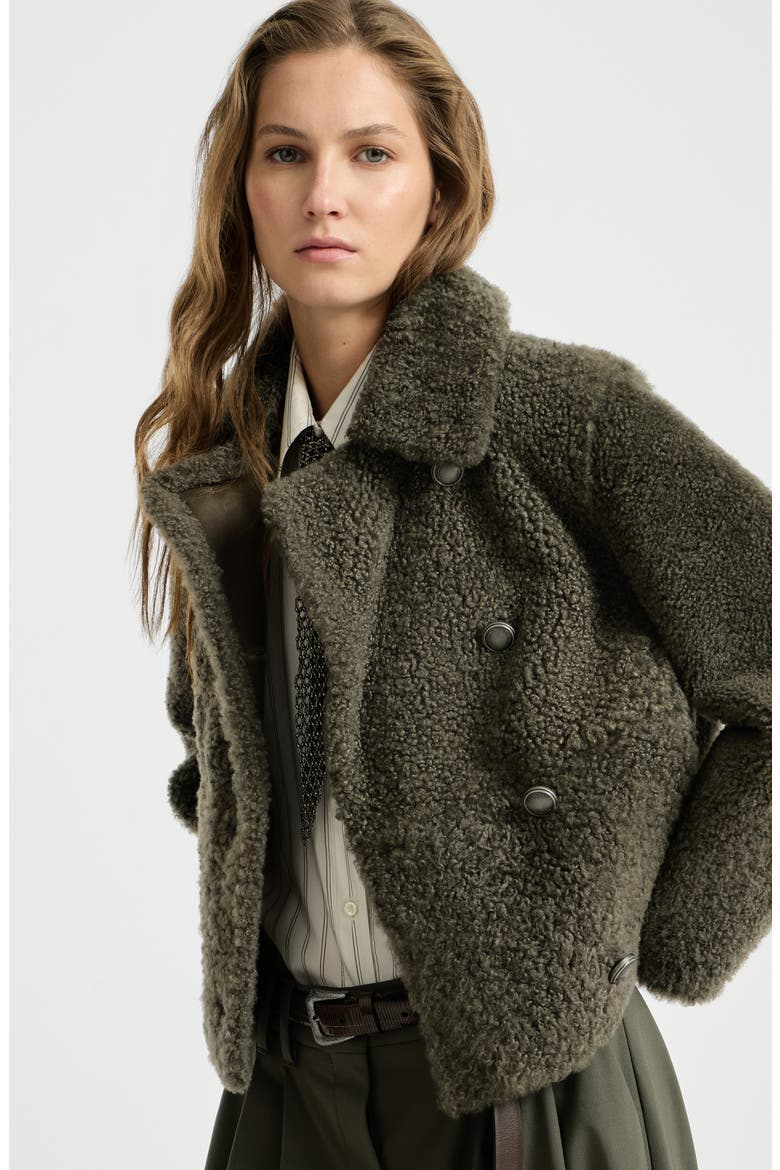 Fuzzy shearling pea coat, Alternate, color, Green