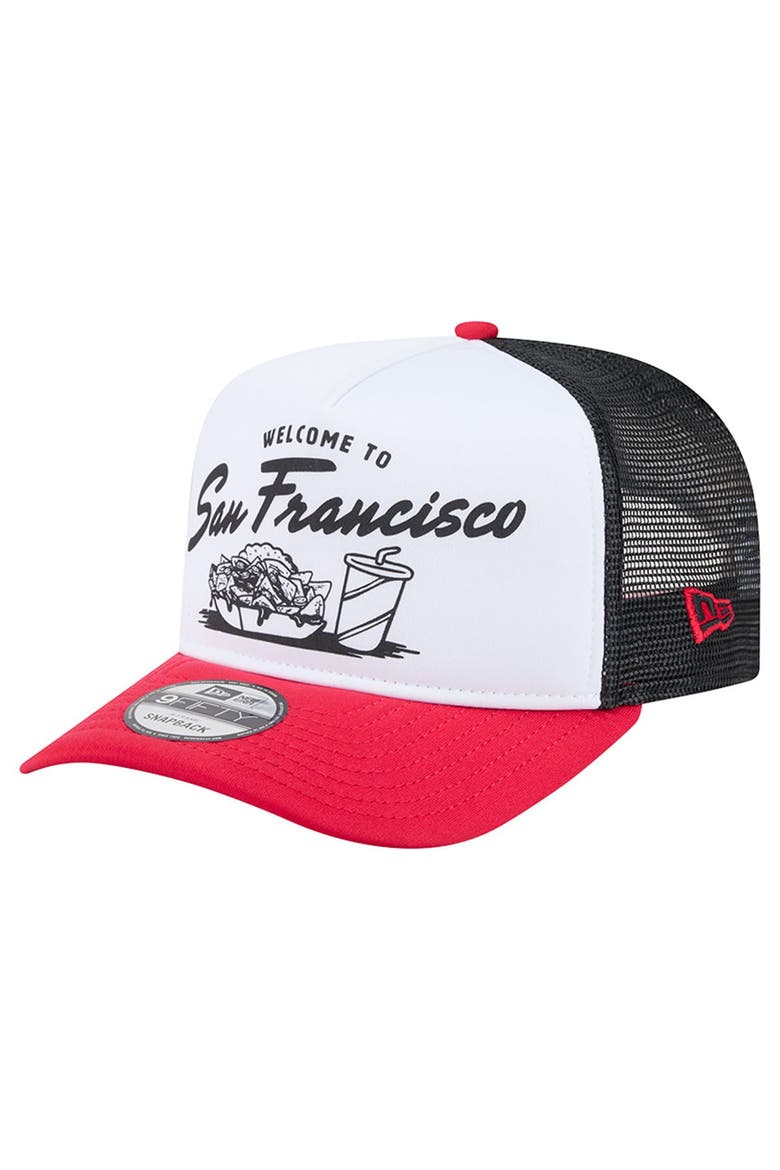 Men's New Era White/Scarlet San Francisco 49ers Foodie 9FIFTY A-Frame Trucker Snapback Hat, Alternate, color, White