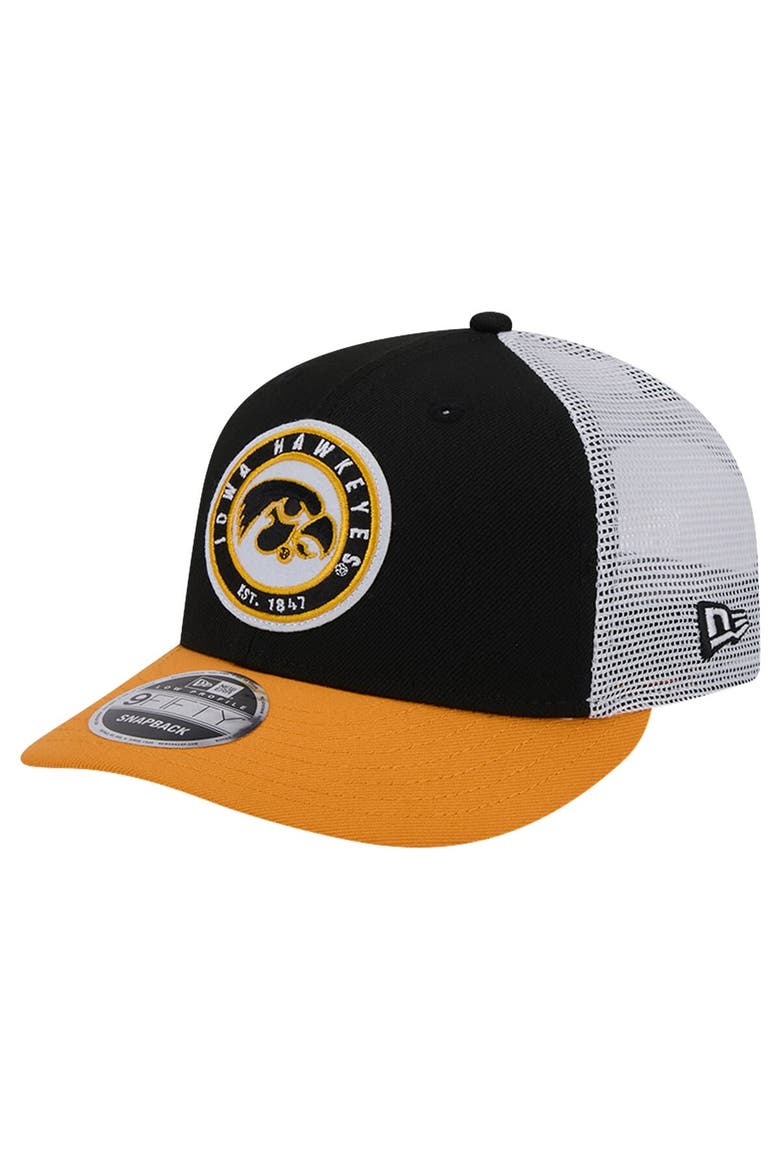 Men's New Era Black Iowa Hawkeyes Throwback Circle Patch 9FIFTY Trucker Snapback Hat, Main, color, Black