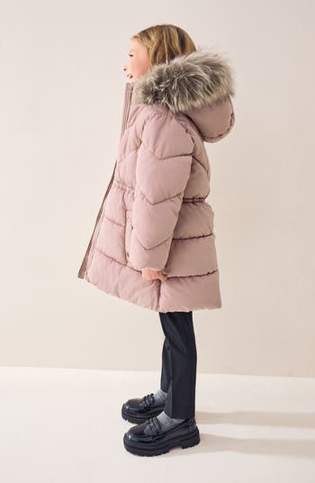 Kids' Hooded Puffer Coat with Faux Fur Trim