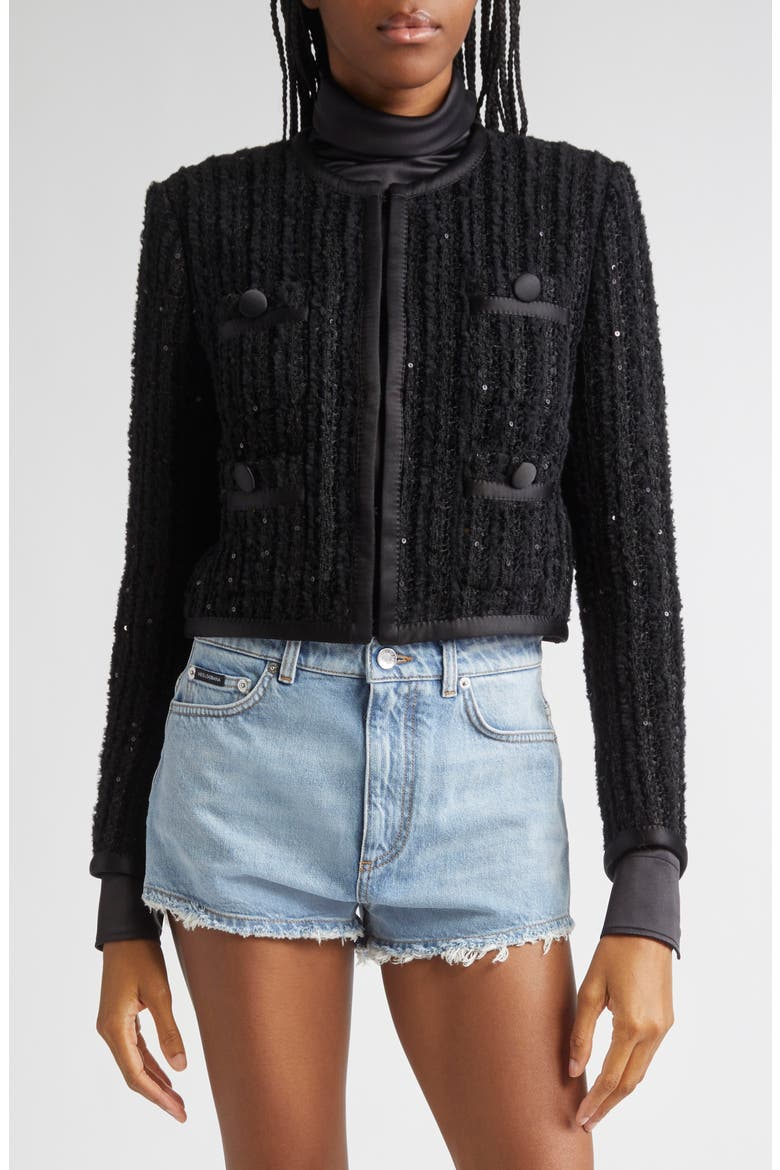Sequin Bouclé Tweed Crop Jacket, Main, color, N0000 NERO