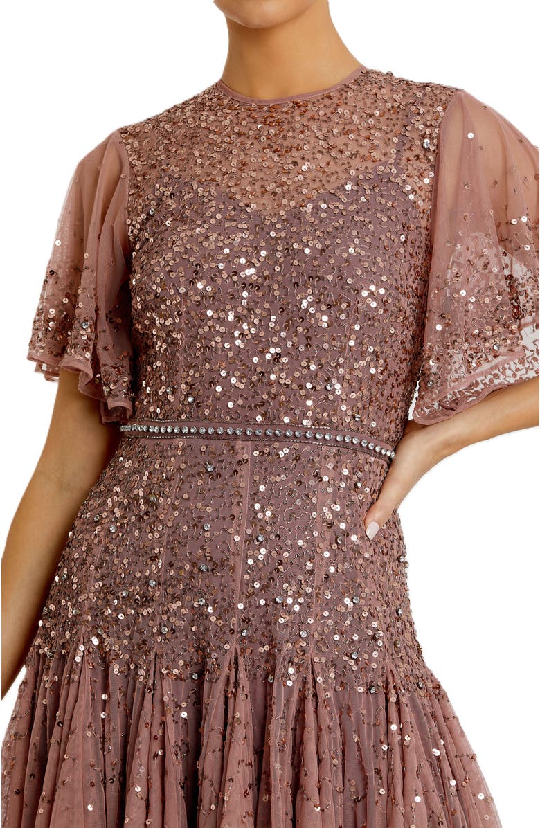 Mac Duggal Cape Sleeve Beaded Tea Length A-line Dress, Alternate, color, Rosewood