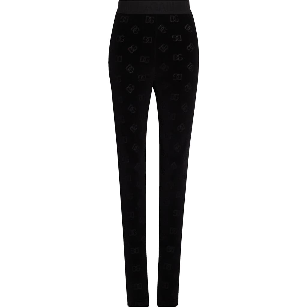 Dolce & Gabbana Flocked Jersey Leggings With All-over Dg Logo In Nero