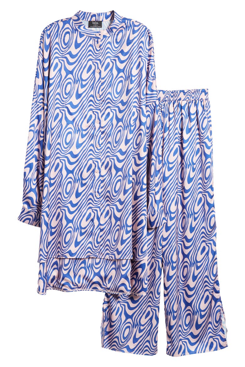 Oversize Button-Up Satin Shirt & High Waist Crop Pants Set, Alternate, color, PINK/BLUE