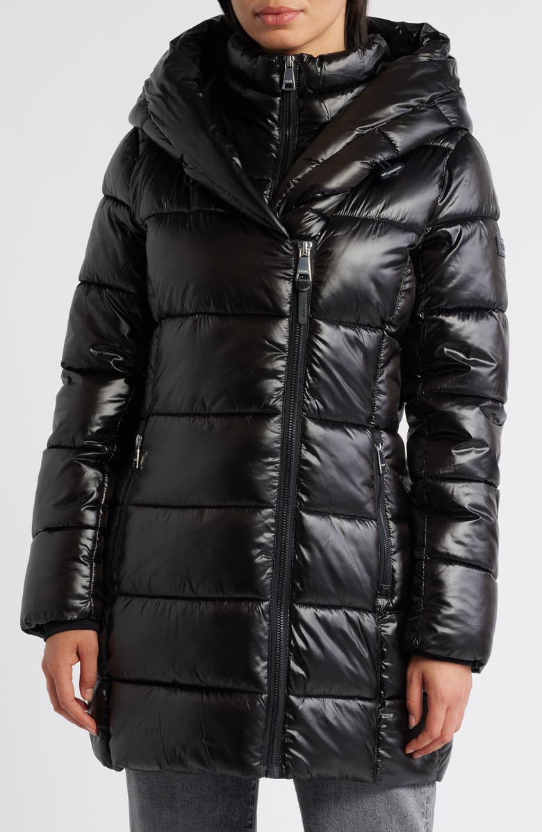 DKNY Asymmetric Bib Packable Quilted Coat, Main, color, Black