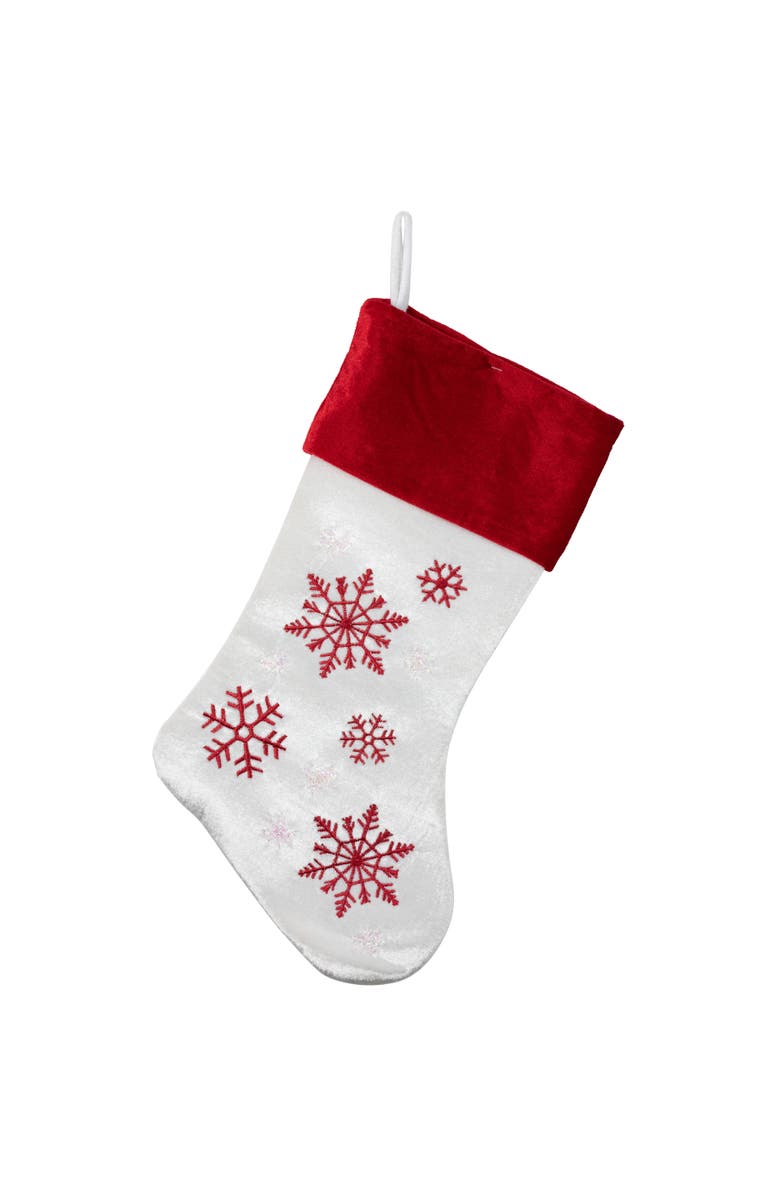 Northlight 19" Red and White Velvet Embroidered Snowflake Christmas Stocking, Main, color, Red