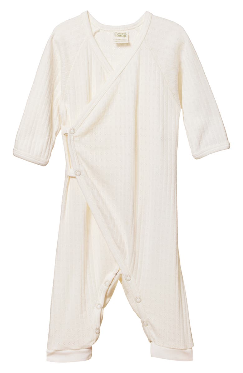 NATURE BABY Faux Wrap Pointelle Romper, Main, color, Natural