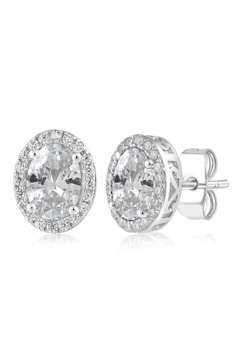 Oval Cubic Zirconia Halo Stud Earrings, Main, color, SILVER