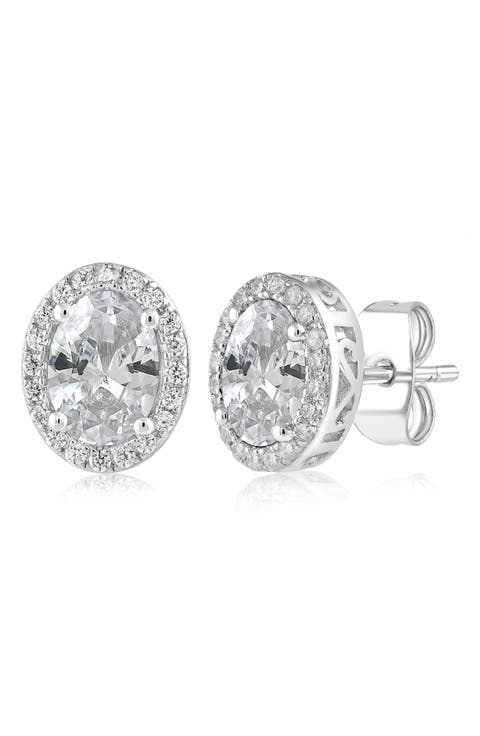 Oval Cubic Zirconia Halo Stud Earrings