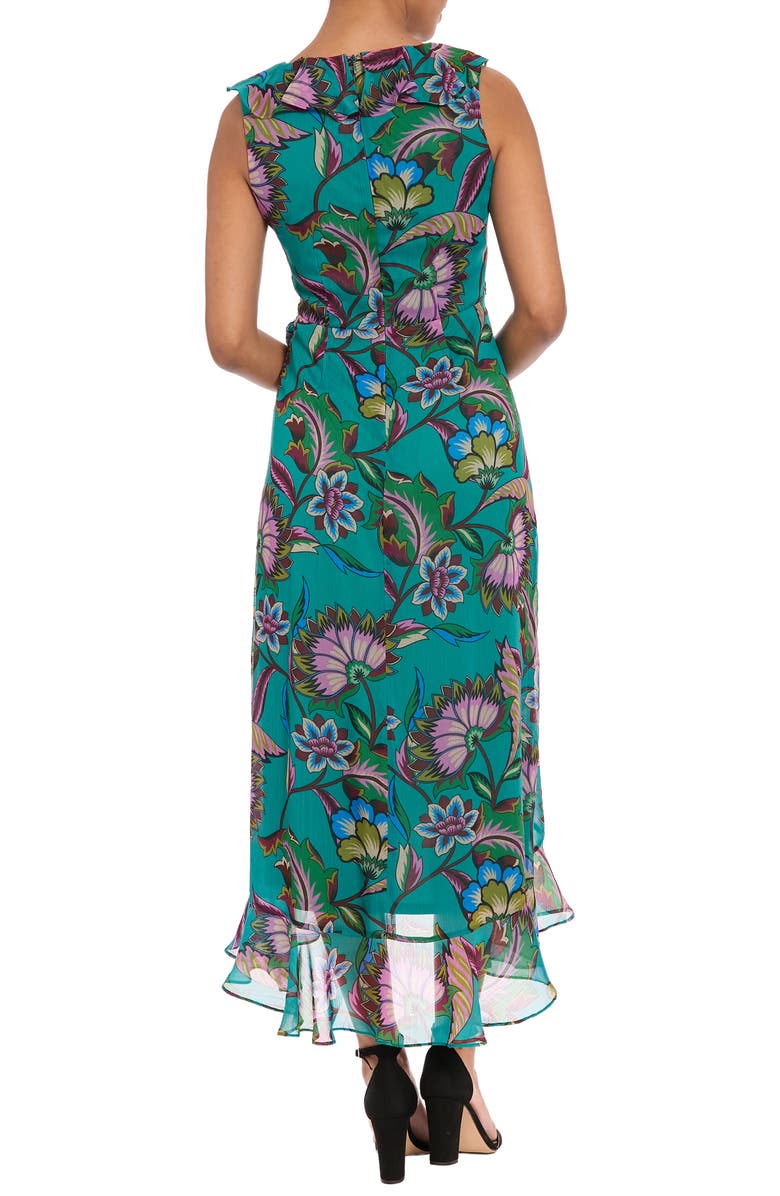 London Times Floral Ruffle Sleeveless Faux Wrap Dress, Alternate, color, Teal/ Berry