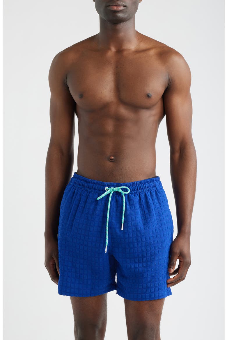 The Citrus Punches Grid Textured 5.5-Inch Swim Trunks, Main, color, DARK TEAL - PATTERN
