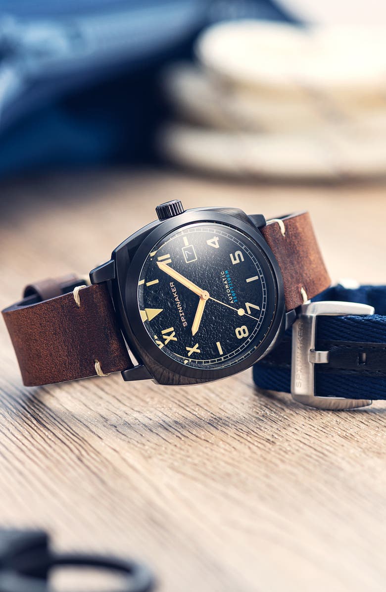 SPINNAKER Hull California Automatic Leather Strap Watch, 42mm, Alternate, color, Black
