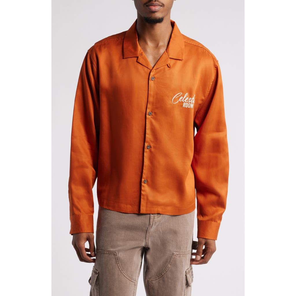 PacSun Embroidered Long Sleeve Camp Shirt in Autumnal