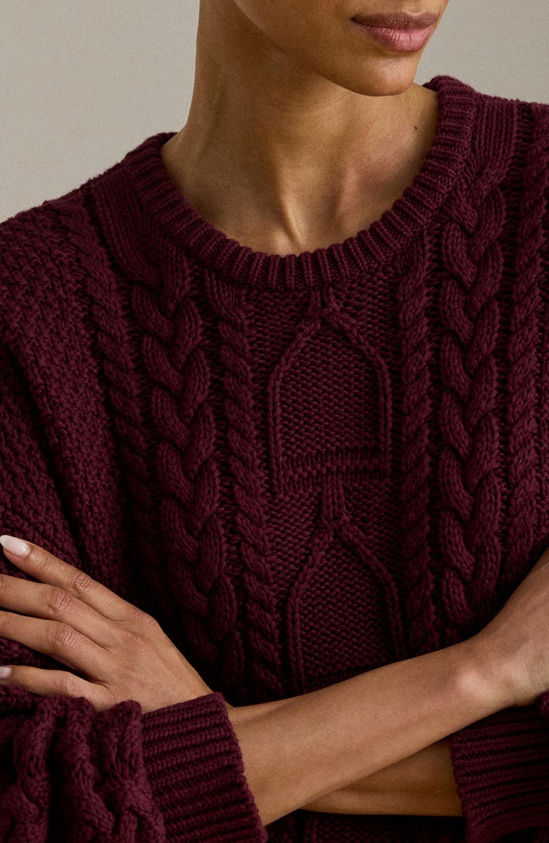 Lauren Ralph Lauren Cabled Cotton Crewneck Sweater, Alternate, color, Dark Garnet