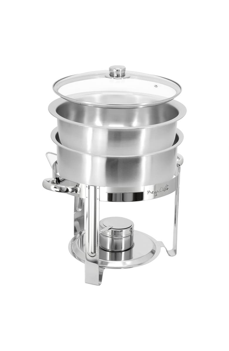 Megachef 7.9 Quart Round Stainless Steel Professional Chafing Dish/Food Warmer/Buffet Server Serving Trays, Alternate, color, Silver