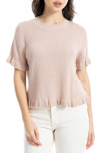 Max Studio Ruffle Trim Short Sleeve Sweater In Blush