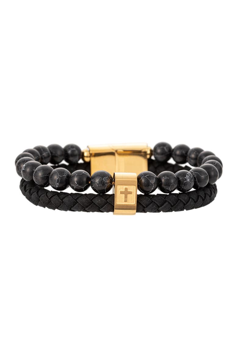 Gabriel Titanium Cross Bracelet with Authentic Leather, Main, color, BLACK