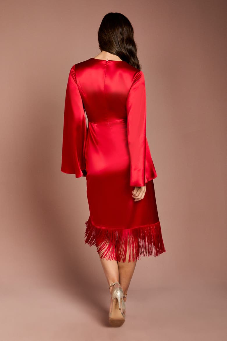 Satin Fringed V-Neck Wrap Dress, Alternate, color, Red