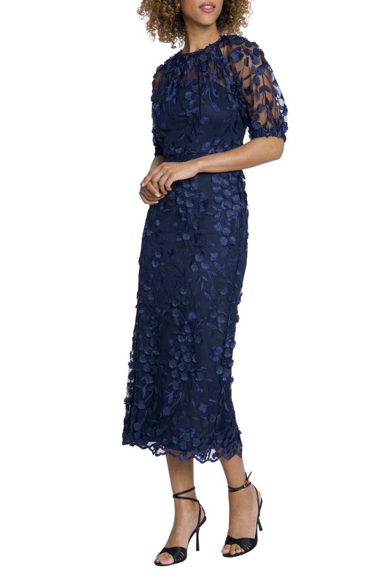Floral Appliqué Midi Dress, Alternate, color, NAVY