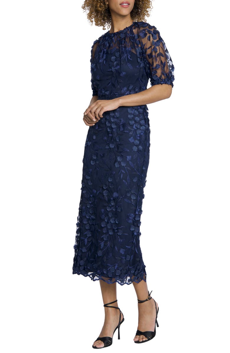 Maggy London Floral Appliqué Midi Dress, Alternate, color, Navy