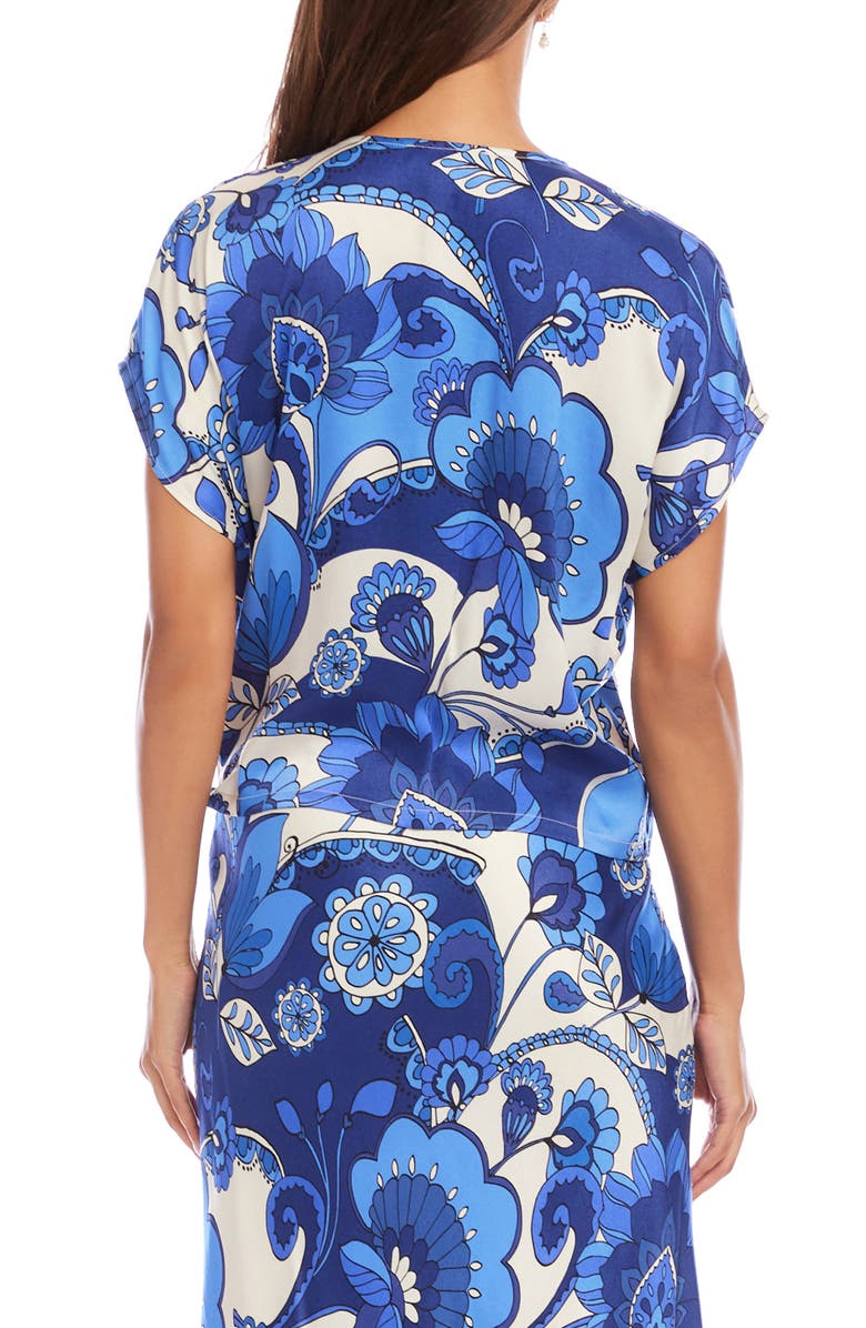 Karen Kane Blouson Side Tie Satin Wrap Top, Alternate, color, Blue Print
