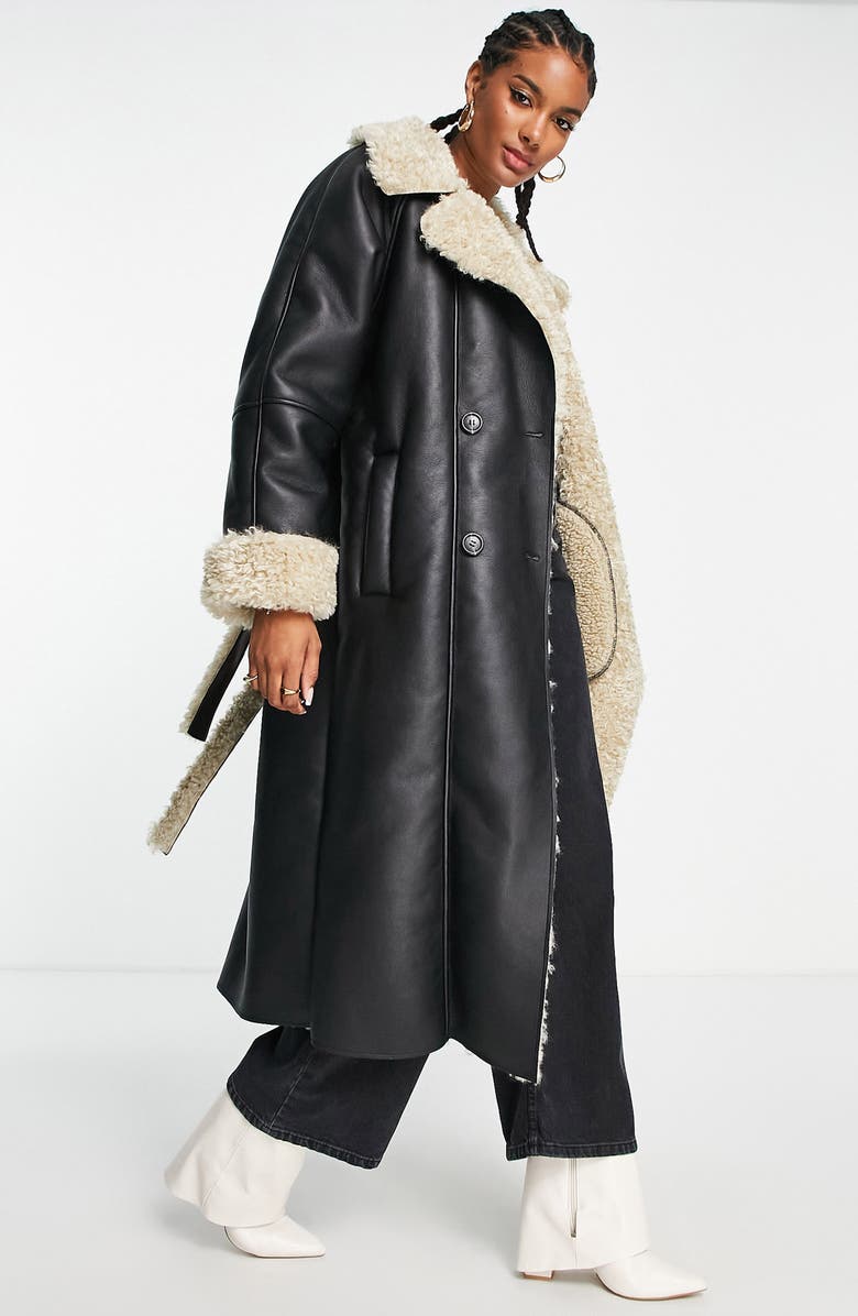 ASOS DESIGN Faux Leather & Faux Shearling Trench Coat, Alternate, color, 